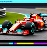 **F1 Race Data Visualization:** A vibrant, high-tech graphic overlay on a Formula 1 race, displaying real-time data like car speed, tire condition, and weather changes. Emphasize the data streaming onto the screen.