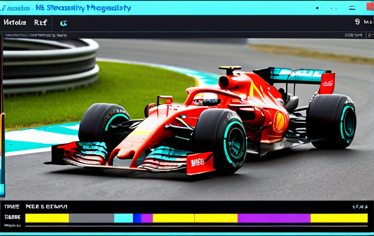 **F1 Race Data Visualization:** A vibrant, high-tech graphic overlay on a Formula 1 race, displaying real-time data like car speed, tire condition, and weather changes. Emphasize the data streaming onto the screen.