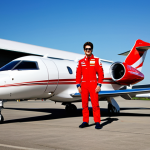 **

A professional Formula One (F1) driver, fully clothed in racing attire, standing beside a Bombardier Challenger 605 private jet painted bright red, perfect anatomy, natural proportions, parked on an airport tarmac with a modern hangar in the background, safe for work, appropriate content, professional.

**