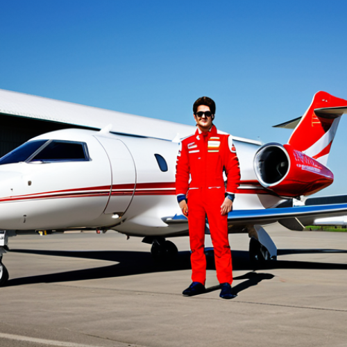 Home 7 **
A professional Formula One (F1) driver, fully clothed in racing attire, standing beside a Bombardier Challenger 605 private jet painted bright red, perfect anatomy, natural proportions, parked on an airport tarmac with a modern hangar in the background, safe for work, appropriate content, professional.
**