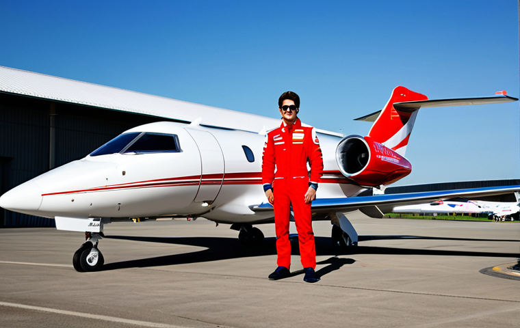 **

A professional Formula One (F1) driver, fully clothed in racing attire, standing beside a Bombardier Challenger 605 private jet painted bright red, perfect anatomy, natural proportions, parked on an airport tarmac with a modern hangar in the background, safe for work, appropriate content, professional.

**