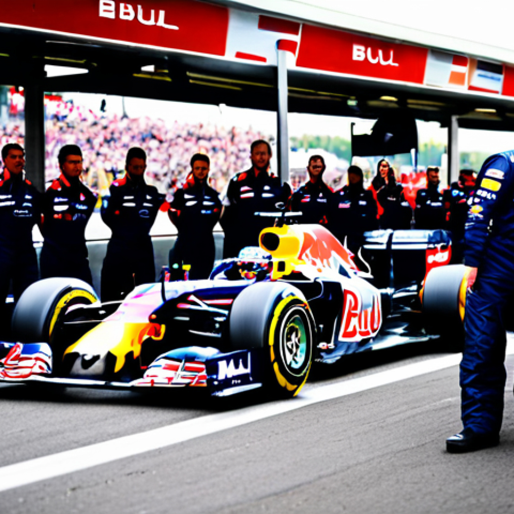 Red Bull Racing Pit Stop** "A fully clothed Red Bull Racing pit crew executing a fast pit stop during a Formula 1 race. The car is brightly lit, surrounded by mechanics in team uniforms. Intense focus on the efficient teamwork. Background: blurred racetrack and cheering fans. Professional motorsport photography, dynamic composition, perfect anatomy, appropriate attire, safe for work, family-friendly." **