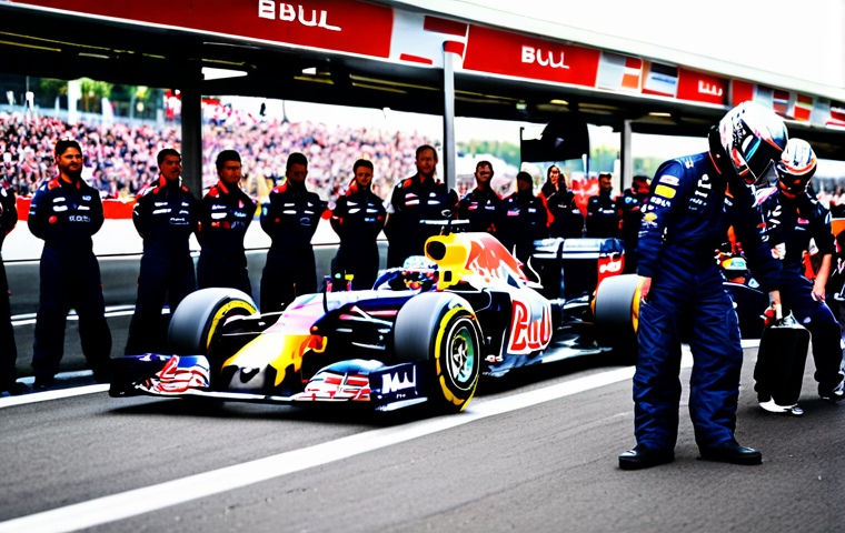 Red Bull Racing Pit Stop** "A fully clothed Red Bull Racing pit crew executing a fast pit stop during a Formula 1 race. The car is brightly lit, surrounded by mechanics in team uniforms. Intense focus on the efficient teamwork. Background: blurred racetrack and cheering fans. Professional motorsport photography, dynamic composition, perfect anatomy, appropriate attire, safe for work, family-friendly." **