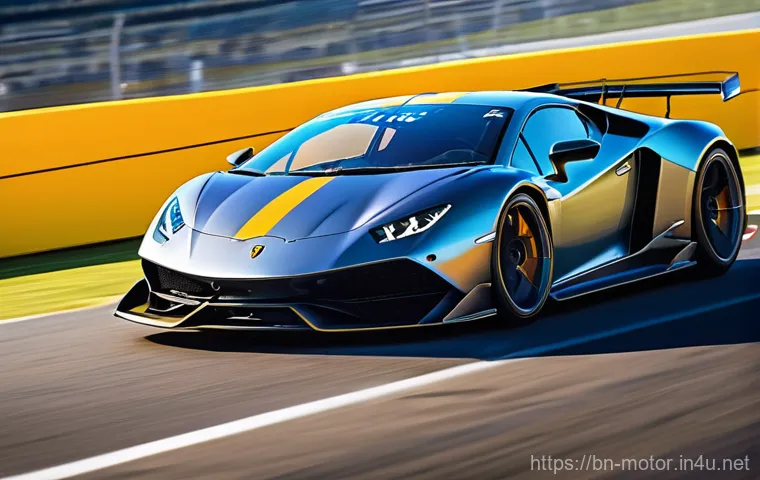 GT 레이싱의 매력 - **Prompt:** A dynamic, hyperrealistic action shot of a sleek GT racing car, such as a Lamborghini, F...