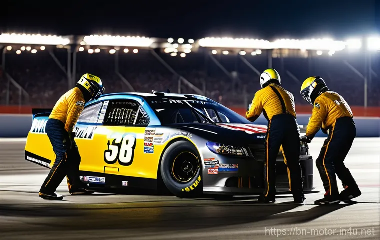 NASCAR 머신의 엔진 성능 - **Prompt: High-Octane Action: NASCAR at Full Speed.** A dynamic, wide-angle action shot of a vib...