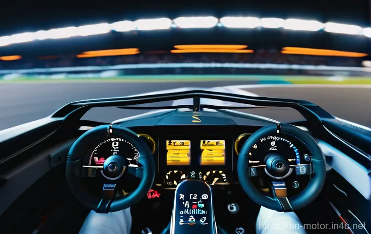 F1 머신의 전자 제어 시스템 - **F1 Driver's Intense Focus in Cockpit:** A hyper-realistic, close-up shot of a Formula 1 driver...