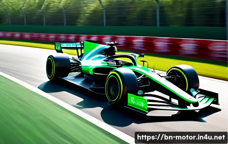 F1 머신의 재활용 가능 소재 - **"A futuristic Formula 1 car, sleek and aerodynamic, races on a sunlit track. The car's engine subt...