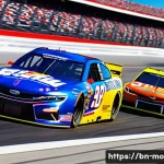 NASCAR의 레이싱 규칙 - A dynamic NASCAR race scene showcasing drivers wearing full safety gear including fireproof suits, h...