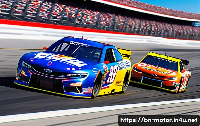 NASCAR의 레이싱 규칙 - A dynamic NASCAR race scene showcasing drivers wearing full safety gear including fireproof suits, h...