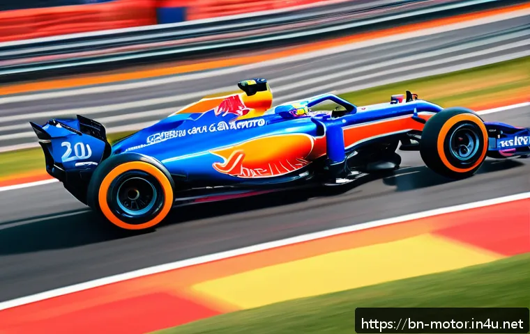 F1 머신의 배기 시스템 기술 - A hyper-realistic close-up of an F1 car&rsquo;s engine exhaust system during a race, showcasing intricate ...