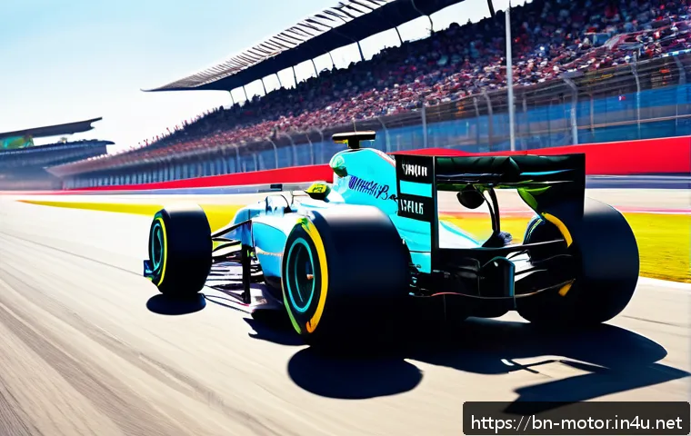 F1 타이어 전략 - A high-detail, dynamic scene of a Formula 1 race car on a sunny, dry track, showcasing the tire type...