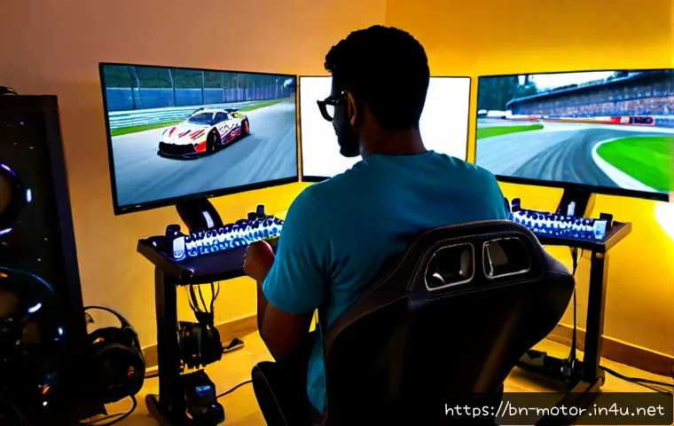 모터스포츠 관련 게임 - Photorealistic home gaming setup focused on a realistic racing simulator, adult player seen from beh...